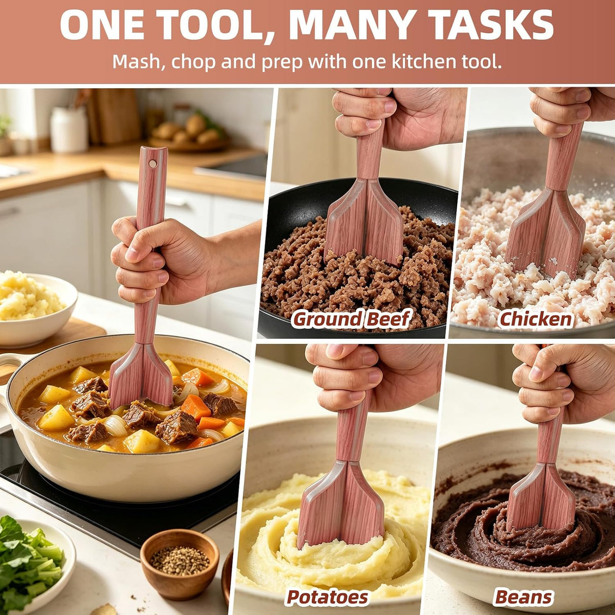 Wooden Meat Masher Ground Beef Masher Wooden Meat Chopper Hamburger Meat Chopper Kitchen Food Tenderizer Beef Burger Smasher Chicken Shredder Household Cooking Kitchen Utensils Gadget Tool