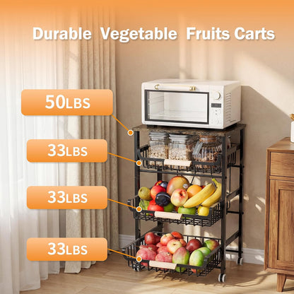 JAQ Slide Out Fruit Vegetable Basket for Kitchen, 4-Tier Rolling Storage Cart with Wooden Handle & Top, Metal Wire Produce Rack for Pantry Organization, Onion Potato Storage Bins for Small Space,White
