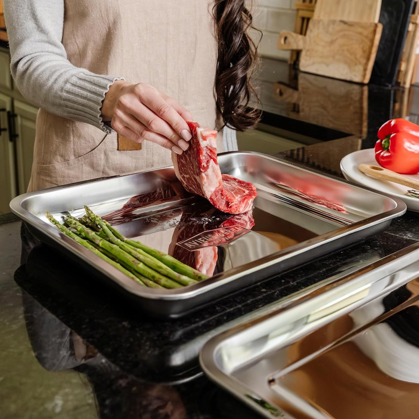 AVIEUS Grill Prep and Serve Trays | Set of 2 Stackable, Melamine Trays | Serving Tray & Marinating Tray | Serving Platter for Plating Food & BBQ Prep Tub for Marinating Meats | Grill Accessories |