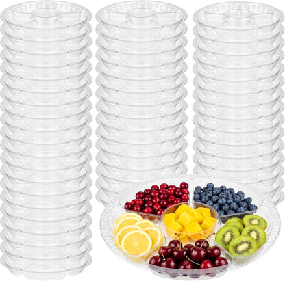Rtteri 50 Pcs Round Plastic Fruit Trays for Serving Clear Veggie Tray 6 Divided Compartment Container Dip Platter Reusable Catering Platters for Vegetable Fruit Snack Nut Party and Buffet(10.4 Inch)