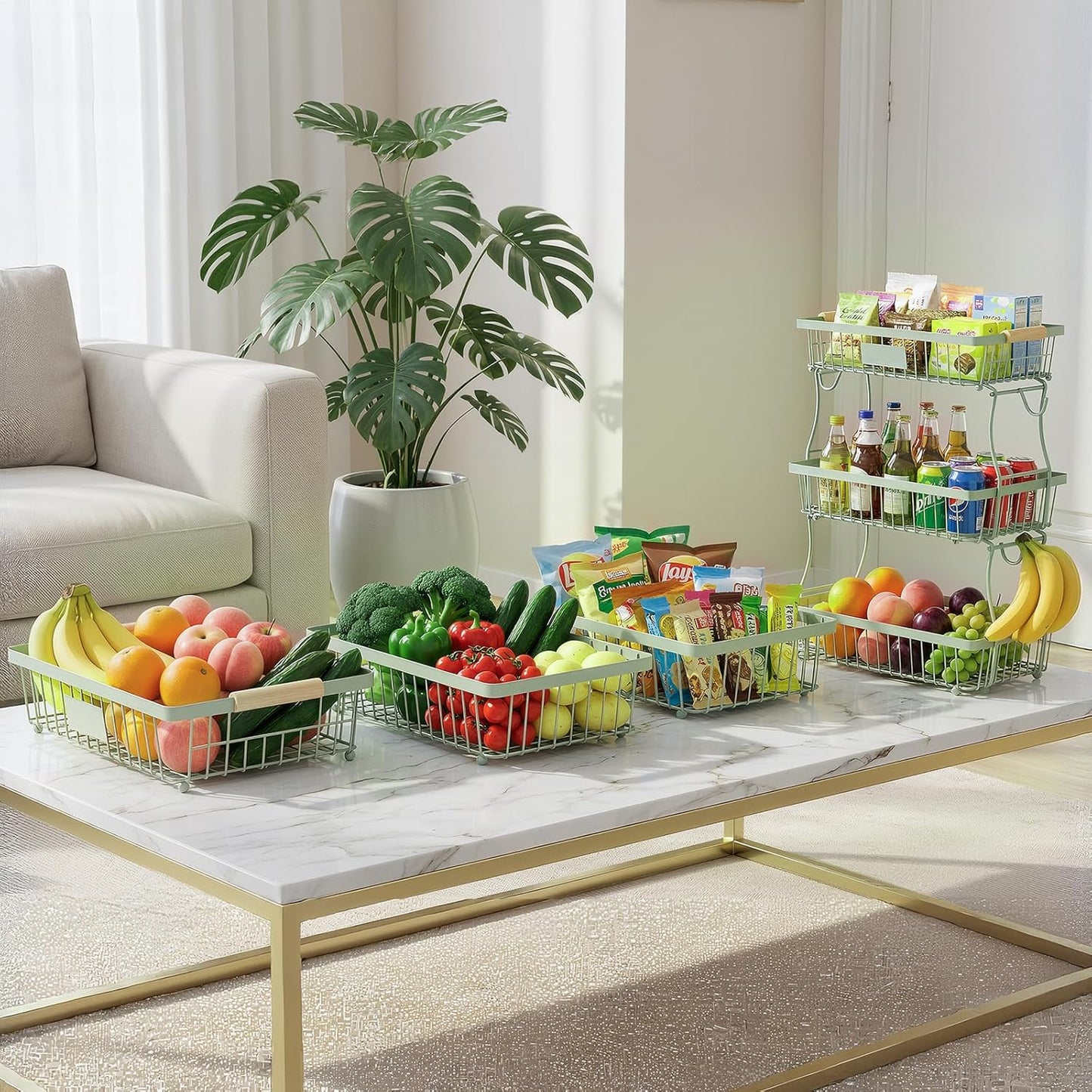 Fruit Basket Bowl 2 Tier Detachable with 2 Banana Hangers, Fruit Stand Holder for Kitchen Countertop, Metal Wire Vegetable Storage Organizer, for Bread Snack Veggies Produce, Black
