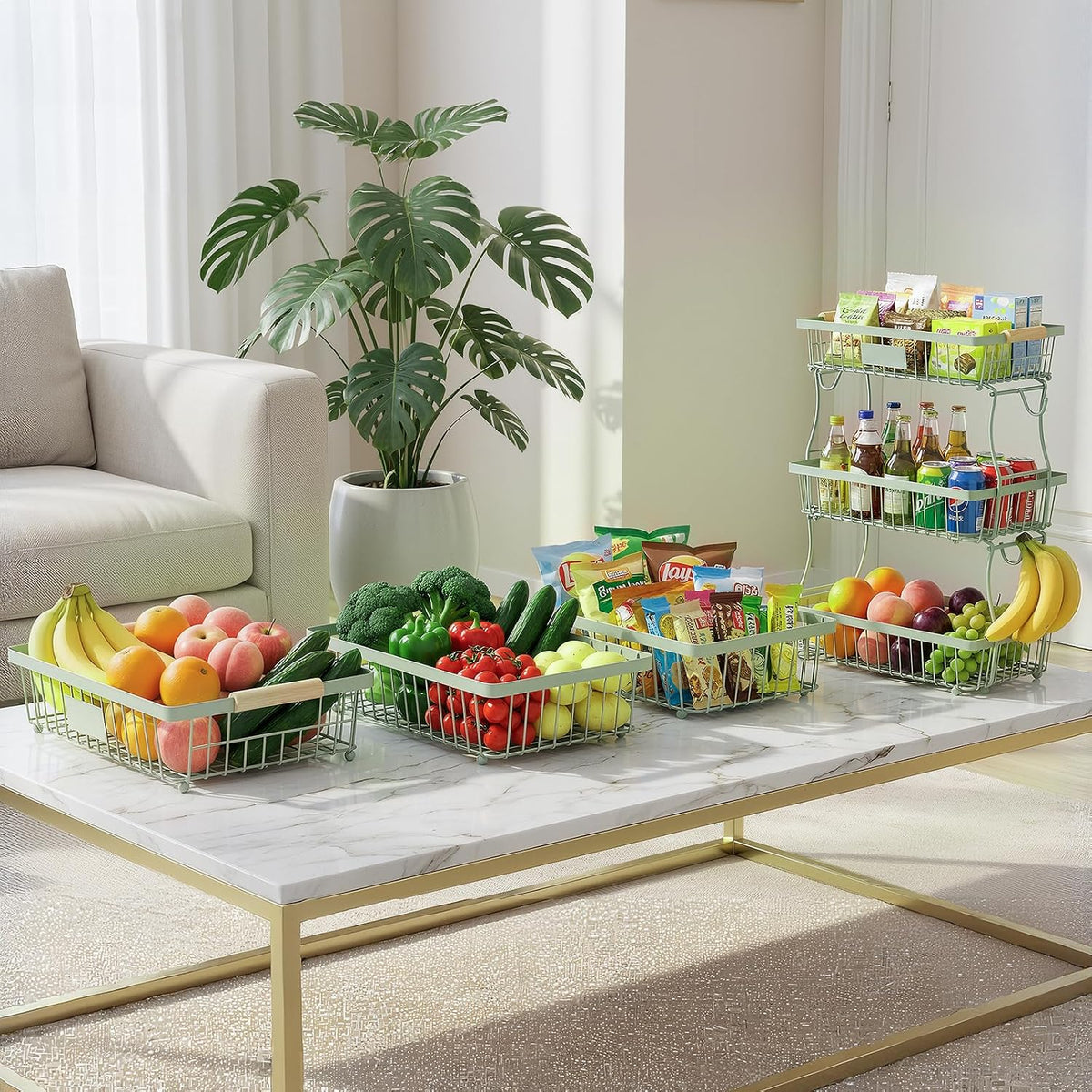 Fruit Basket Bowl 2 Tier Detachable with 2 Banana Hangers, Fruit Stand Holder for Kitchen Countertop, Metal Wire Vegetable Storage Organizer, for Bread Snack Veggies Produce, Black