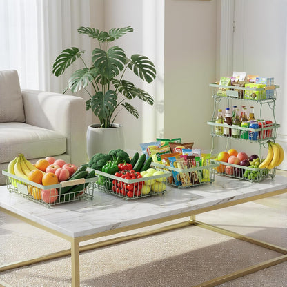 Fruit Basket Bowl 2 Tier Detachable with 2 Banana Hangers, Fruit Stand Holder for Kitchen Countertop, Metal Wire Vegetable Storage Organizer, for Bread Snack Veggies Produce, Black