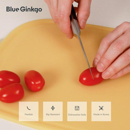 Blue Ginkgo Silicone Cutting Boards – Set of 3 (Small, Medium, Large) – Double-Sided, Thick, Flexible, Non-Slip, BPA Free – Juice Grooves, Dishwasher Safe (Made in Korea, Grey)