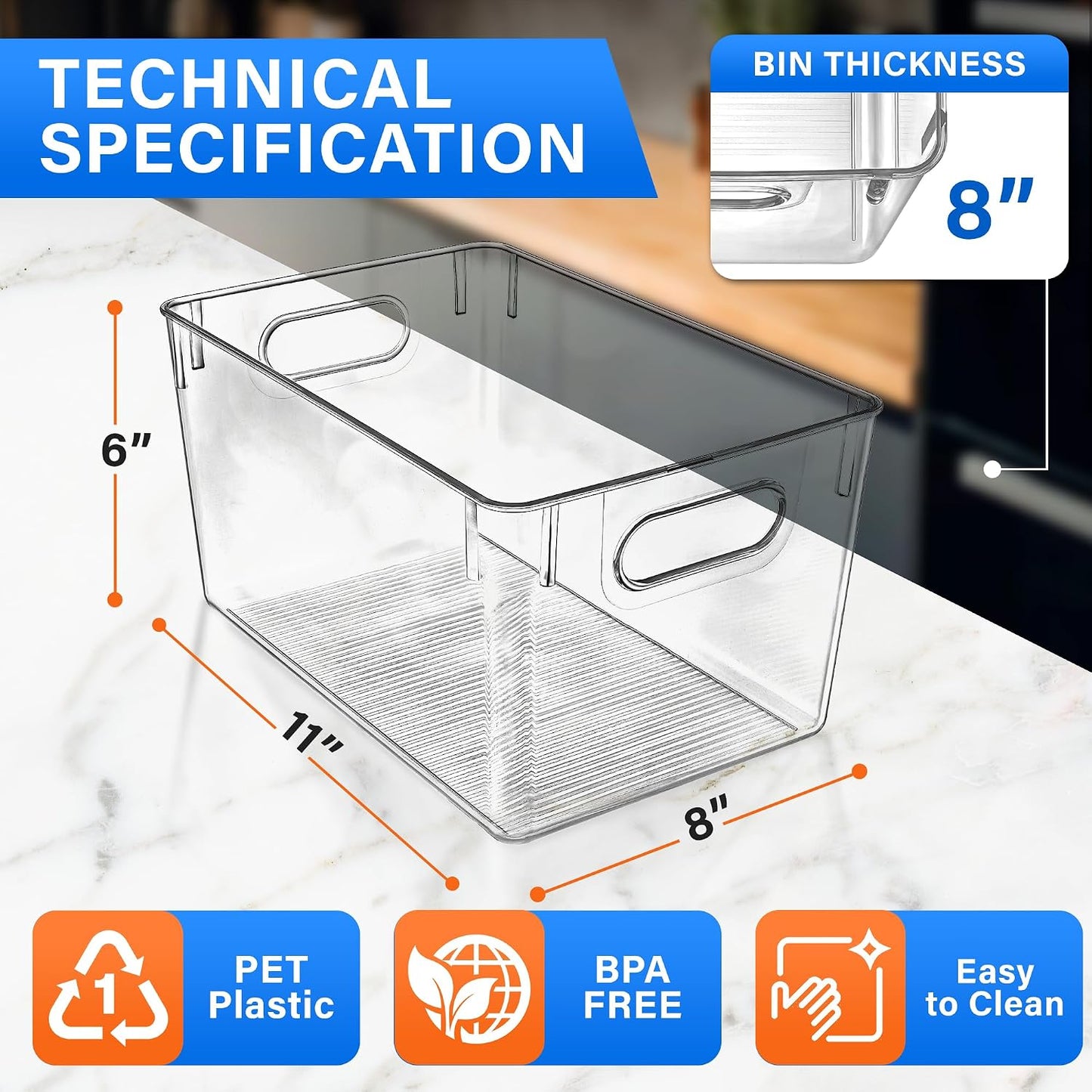 Lifemaster Multi-purpose Refrigerator Bins - 6 pieces Large Capacity Stackable Fridge Bin Organizer with Easy Grip Handles - Clear