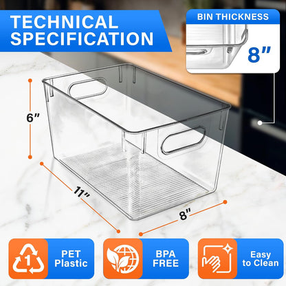 Lifemaster Multi-purpose Refrigerator Bins - 6 pieces Large Capacity Stackable Fridge Bin Organizer with Easy Grip Handles - Clear