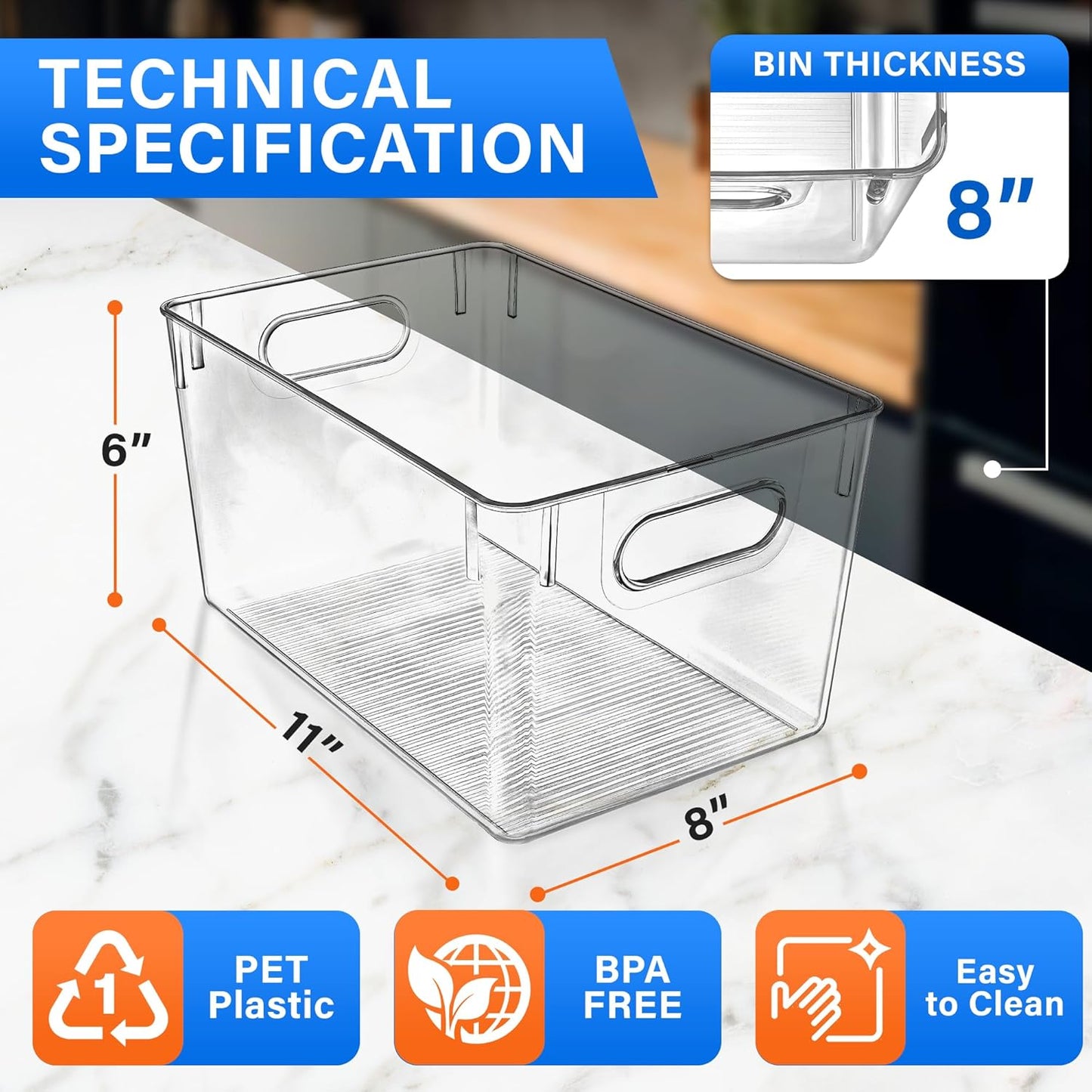 Lifemaster Stackable Refrigerator Bins - Set of 6 Large Capacity Organizers with Easy Grip Handles - Clear and Versatile for Kitchen Storage