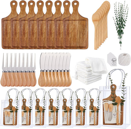 Baby Shower Prizes for Game Winners Bamboo Cheese Board Spoon Fork Butter Spreaders Plaid Towel Thank You Card and Gift Bags for Baby Shower Wedding Bridal Shower Favors (Acacia, 6 Sets)