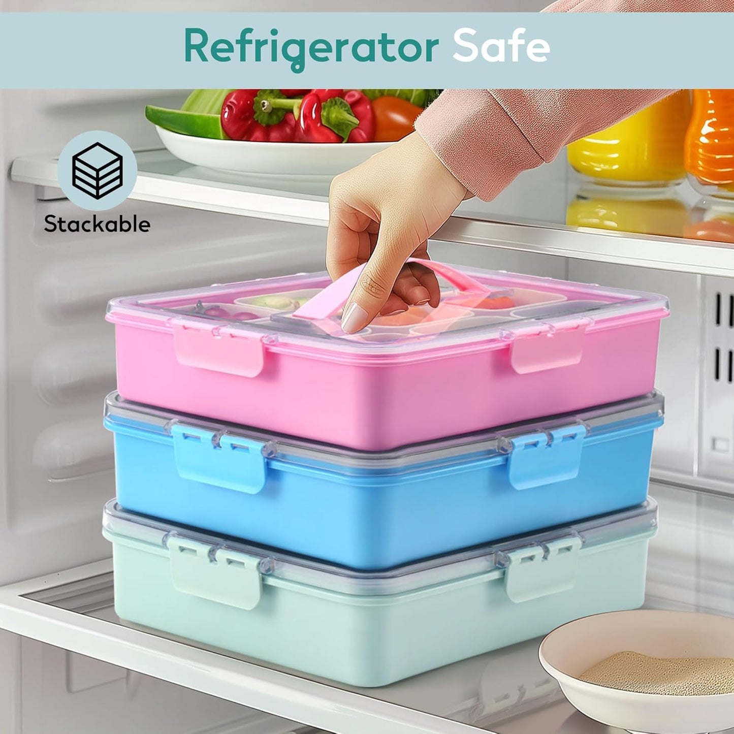 Snackle Box Container for Adults with 9 Compartment, Divided Serving Tray Snack Box Containers with Lid and Handle, Charcuterie Boxes Portable Snack Platter for Fruit Veggie Party Travel, White