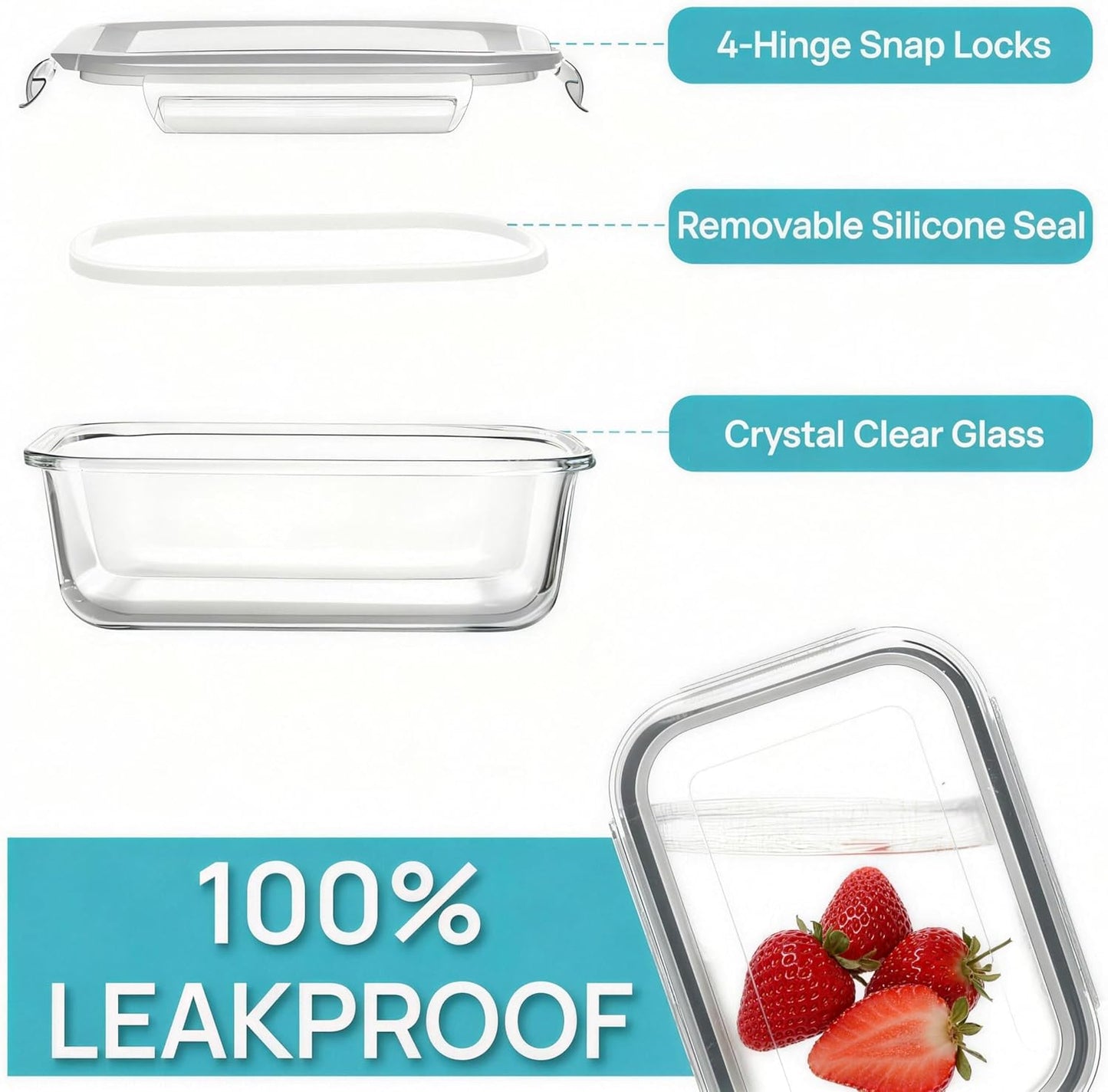 Glass Meal Prep Containers 5 Pack - Lunch Boxes with Leakproof Lids, Food Storage Containers, Bento Boxes, Gray (3 Compartment)