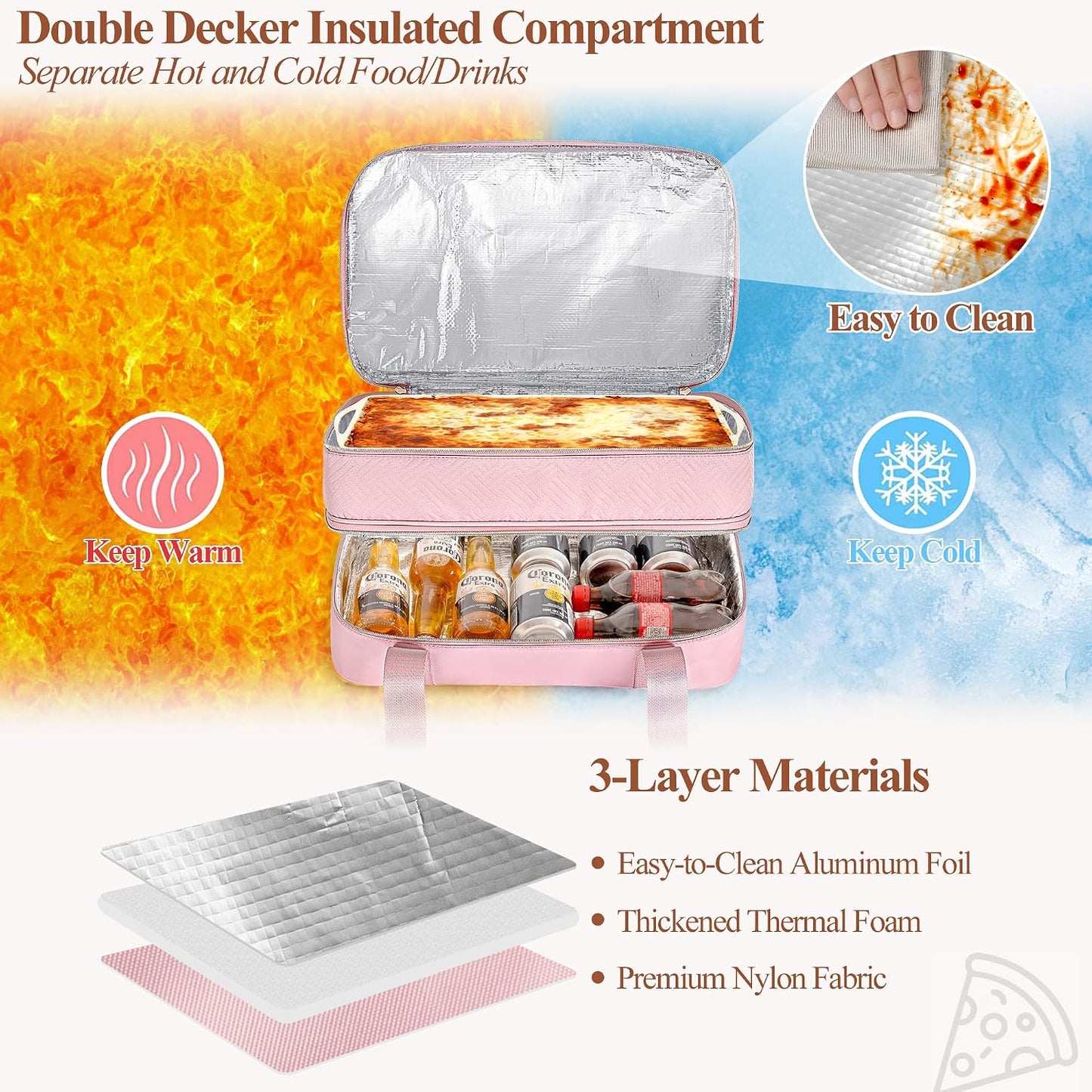 Insulated Casserole Carrier for Hot or Cold Food, Thermal Lasagna Lugger Tote to Keep Food Warm, Double Decker Food Warmer Bag Fits 9”x13” Baking Dish, Pink