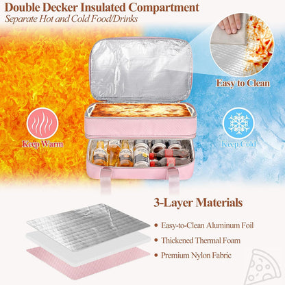 Insulated Casserole Carrier for Hot or Cold Food, Thermal Lasagna Lugger Tote to Keep Food Warm, Double Decker Food Warmer Bag Fits 9”x13” Baking Dish, Pink