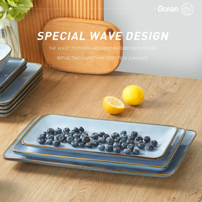 Famiware Serving Platter, Rectangular 15.67/14.1/12.6inch Serving Dishes for Entertaining, Microwave Dishwasher Safe, Stoneware Serving Trays for Party, Turkey, Cheese, Ocean Series, Cappuccino White