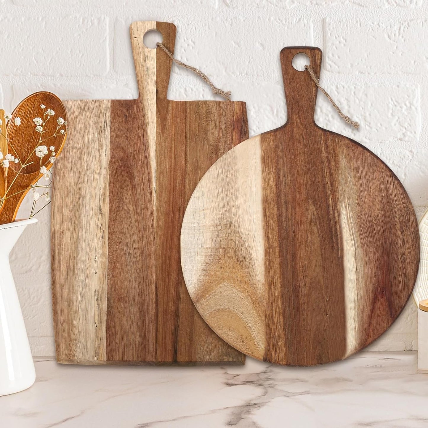 Hsei 2 Pcs Acacia Wood Cutting Board with Handle Wooden Charcuterie Board Large Paddle Carving Chopping Set Butter Serving Tray for Cheese Meat Fruit Pizza Bread(Vintage Style, 16x12, 17x13 Inch)