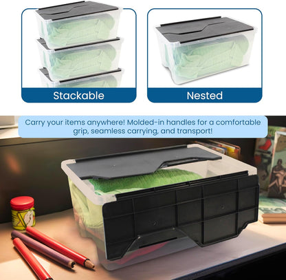 ORGANIZE-IT!, 6-Pack Flip-Top Tote 28 Qt, Storage Bin with a Clear Plastic Base, Black Lid, Stackable, 18" L X 12" W X 8" H