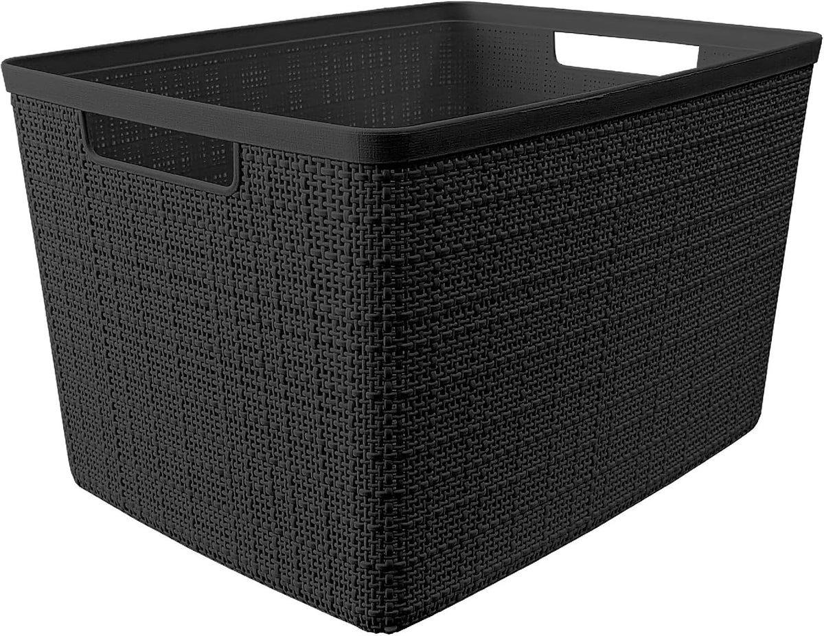 Curver Set of 4 Large 18L Easy Access Jute Decorative Plastic Organization and Storage Baskets - Perfect Bins for Home Office, Closet Shelves, Kitchen Pantry and All Bedroom Essentials, Black