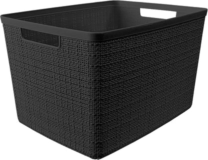 Curver Set of 4 Large 18L Easy Access Jute Decorative Plastic Organization and Storage Baskets - Perfect Bins for Home Office, Closet Shelves, Kitchen Pantry and All Bedroom Essentials, Black