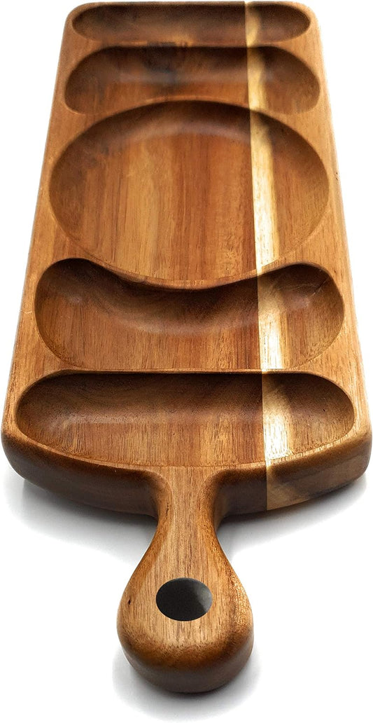 Acacia Wood Serving Platter 17.5 x 6 Long with Grooves & Handle. Luxury Snack Paddle Large XL Reversible Tray for Dinner Parties Chips Dips Crudités Cheese Charcuterie Gift (Long Rectangle)