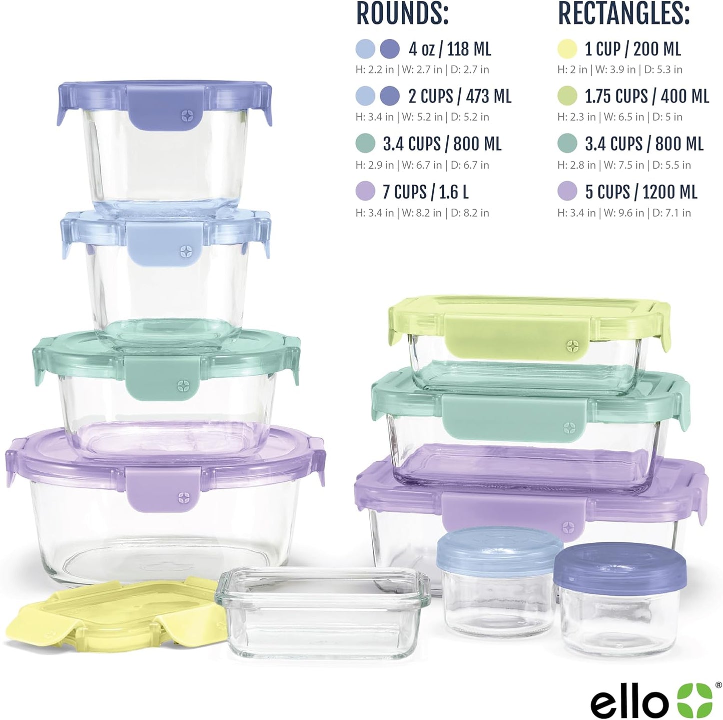Ello Color Lock Glass Meal Prep Sets Leak-Proof Glass Food Storage Containers with Airtight BPA-Free Plastic Lids, Dishwasher, Microwave, and Freezer Safe