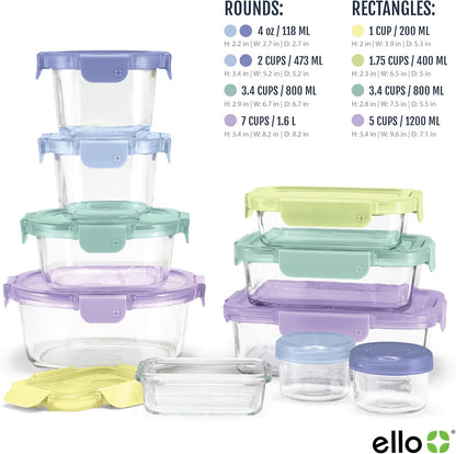 Ello Color Lock Glass Meal Prep Sets Leak-Proof Glass Food Storage Containers with Airtight BPA-Free Plastic Lids, Dishwasher, Microwave, and Freezer Safe