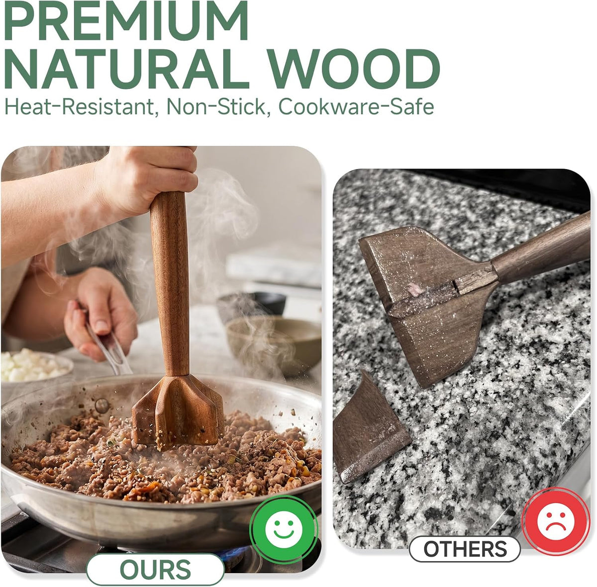 Natural Wooden Meat Chopper, 10.5 Inches Ground Beef Chopper