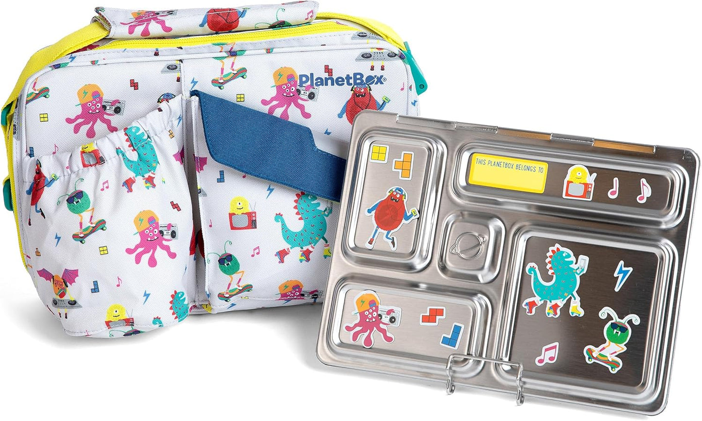 PlanetBox Rover Stainless Steel Bento Box Style Lunch Box Kit for Kids with 5 Compartments – Space Animals Edition includes Insulated Lunch Bag, Leakproof Food Containers and Matching Magnets
