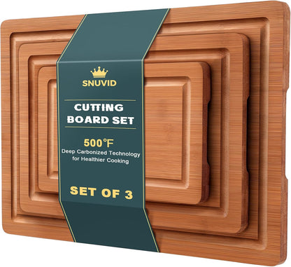 Bamboo Cutting Board Set of 3, Wood Cutting Boards for Kitchen with Juice Grooves, Durable Chopping Board for Meat, Vegetables & Meal Prep