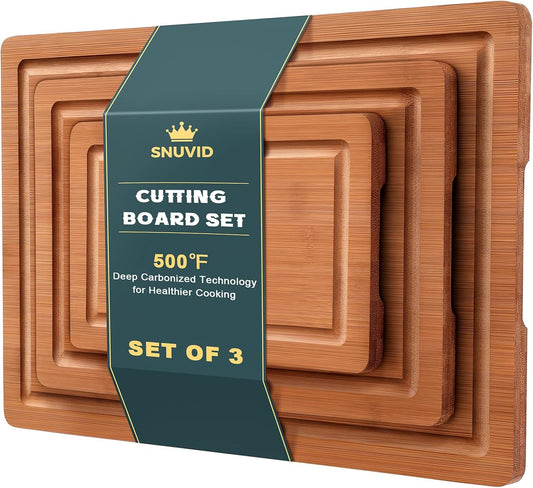 Bamboo Cutting Board Set of 3, Wood Cutting Boards for Kitchen with Juice Grooves, Durable Chopping Board for Meat, Vegetables & Meal Prep