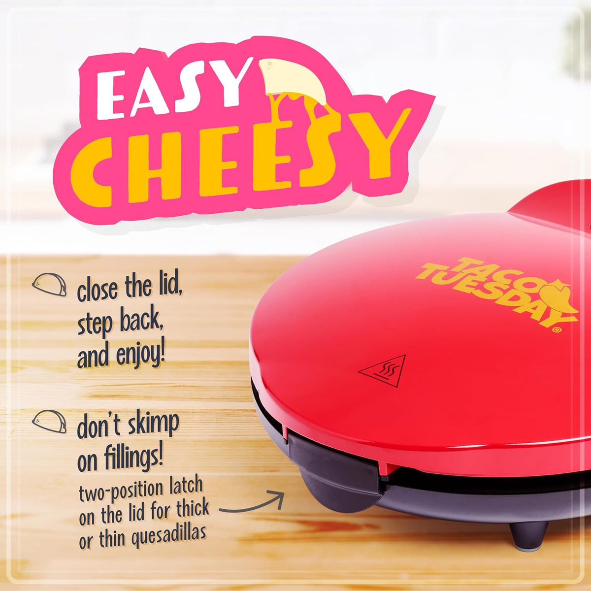 Taco Tuesday Deluxe 8-Inch 6-Wedge Electric Quesadilla Maker with Extra Stuffing Latch, Red