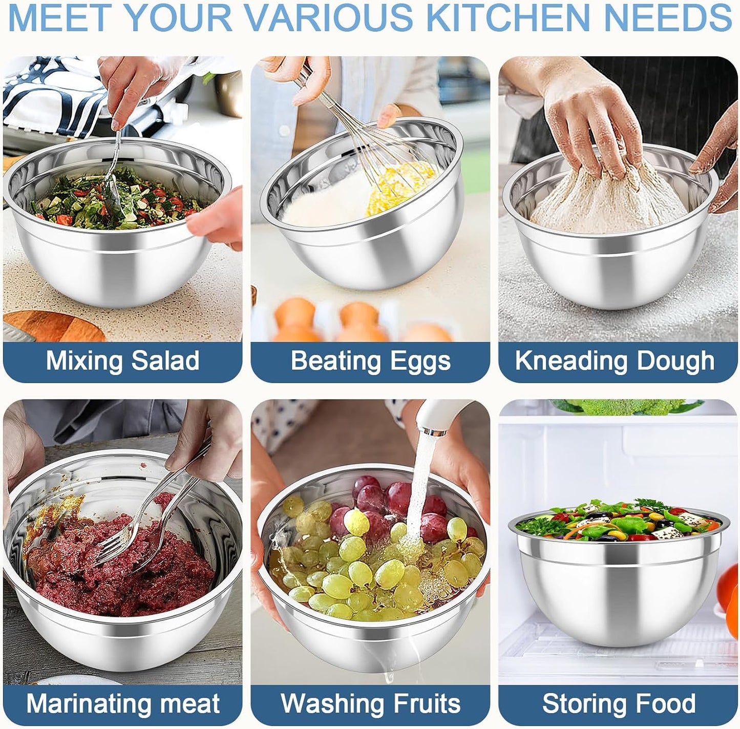 TeamFar Mixing Bowls with Airtight Lids, 5PCS Stainless Steel Metal Salad Bowl with 3 Grater Attachments, for Cooking, Prepping, Serving, Healthy & Easy Clean - 0.7/1/1.5/2.6/4.6QT, Black