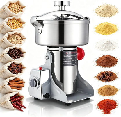 BI-DTOOL Electric Grain Mill Grinder 2000W Dry Material Grinding Machine 800g Stainless Steel Pulverizer 36000r/min High-speed Grain Mill 270° swingable Superfine powder for Home and Commercial 800g