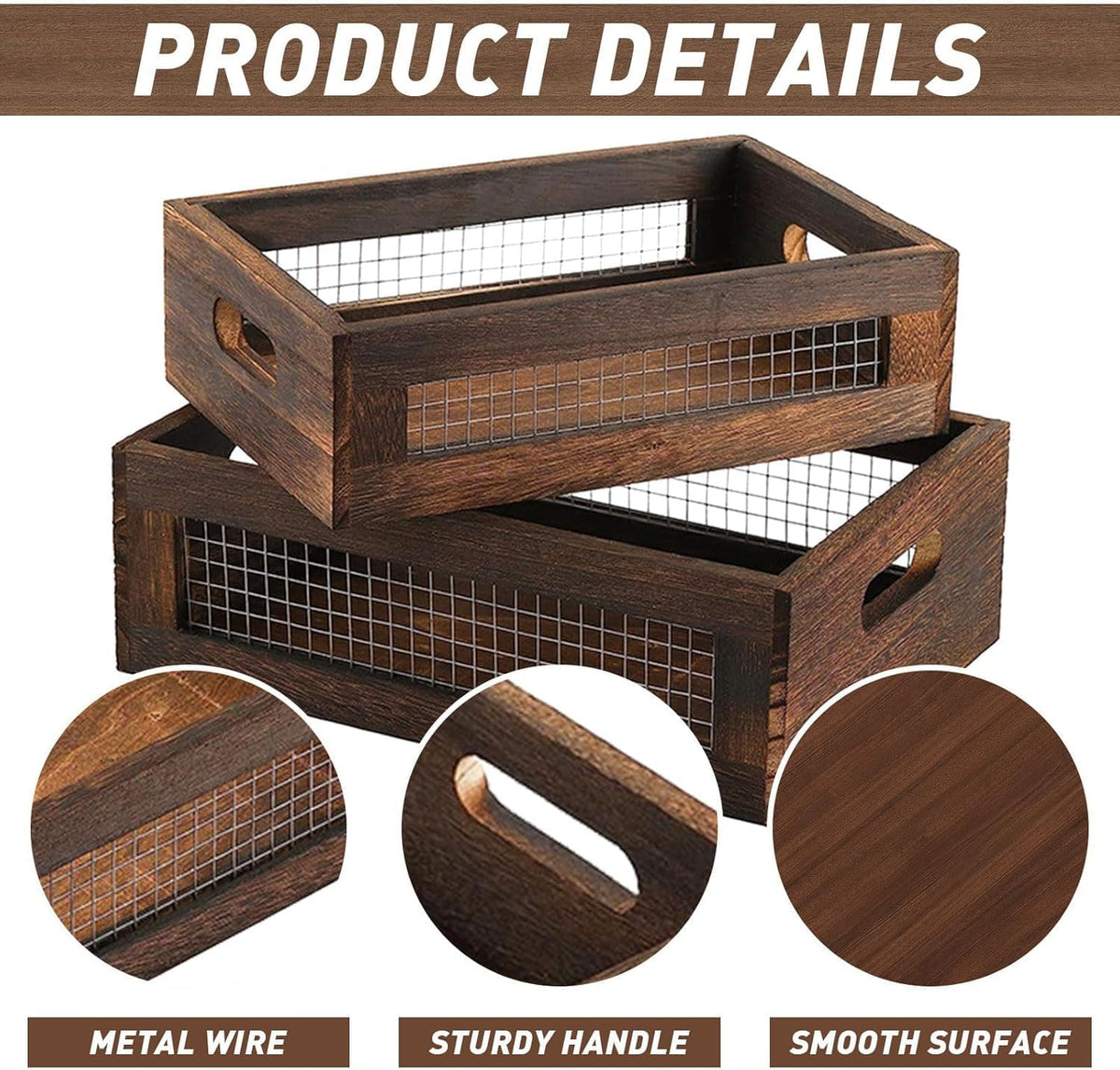 Wooden Crates Storage Boxes Rectangular Wood Craft Basket | 2 Pcs Unfinished Decorative Nesting Cases With Handles, Home Kitchen Desktop Organizer, Closet Plant Display Frames