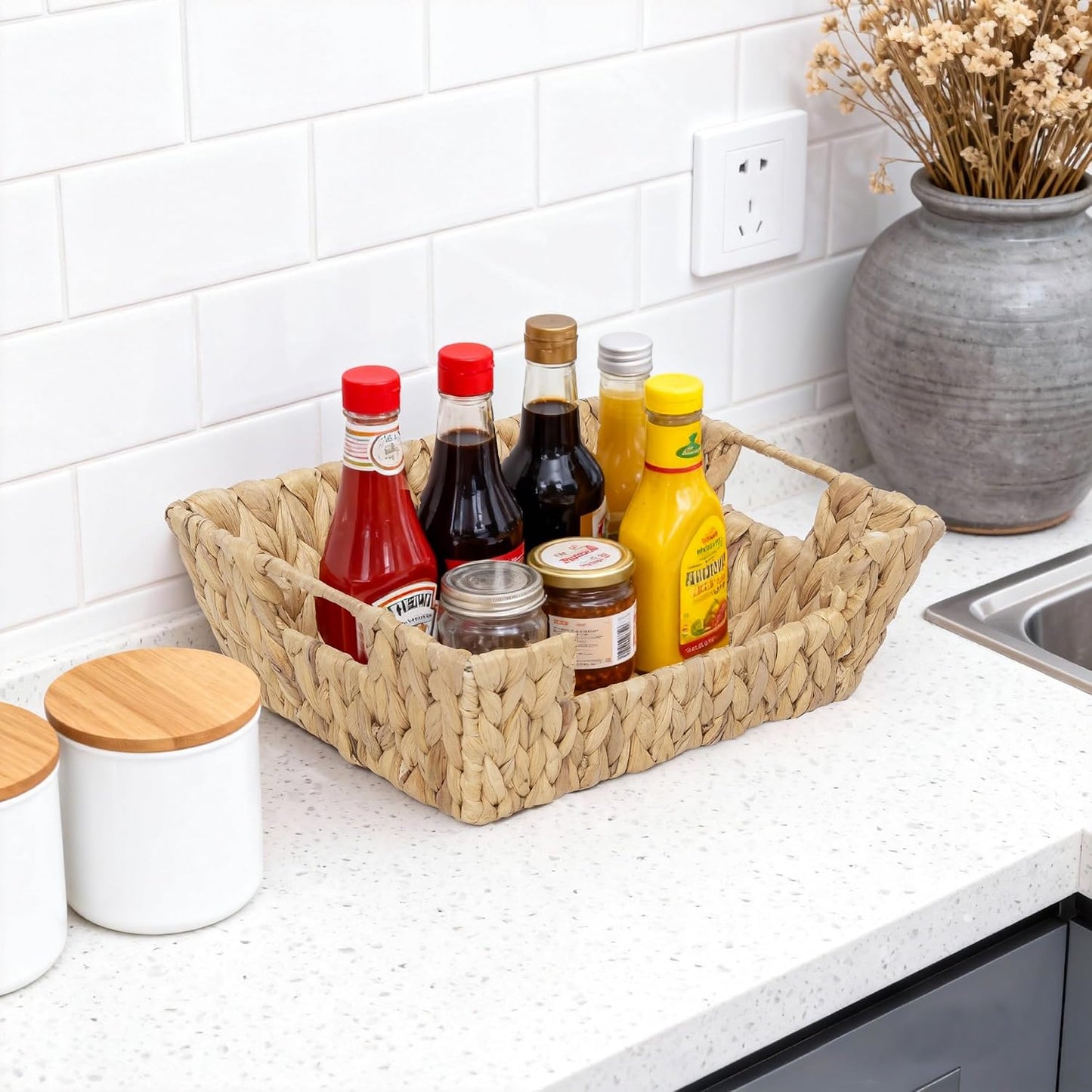 2-Pack Handwoven Wicker Basket, Natural Water Hyacinth Storage Baskets with Built-in Handles, Stackable Organizers for Pantry, Bedroom, Bathroom, Kitchen
