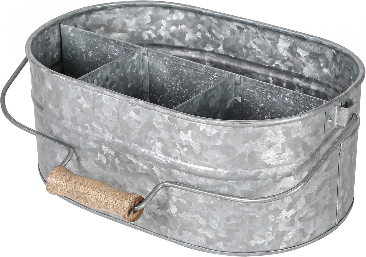 CLEENTABLE Farmhouse Galvanized Metal Utensil Caddy – 4-Compartment Silverware Organizer with Removable Handle for Countertop, Picnic & Party Use (10"x6.5"x5.5", Grey)