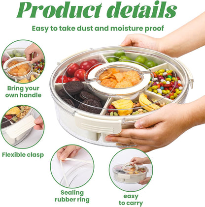 Snackle Box Container Divided Serving Tray with Lid, Handle, Spoon and Fork - Kitchen Portable Spinning Round Stackable Container with 6-Compartment for Veggies, Fruit, Candy, Party, Nuts, Essentials