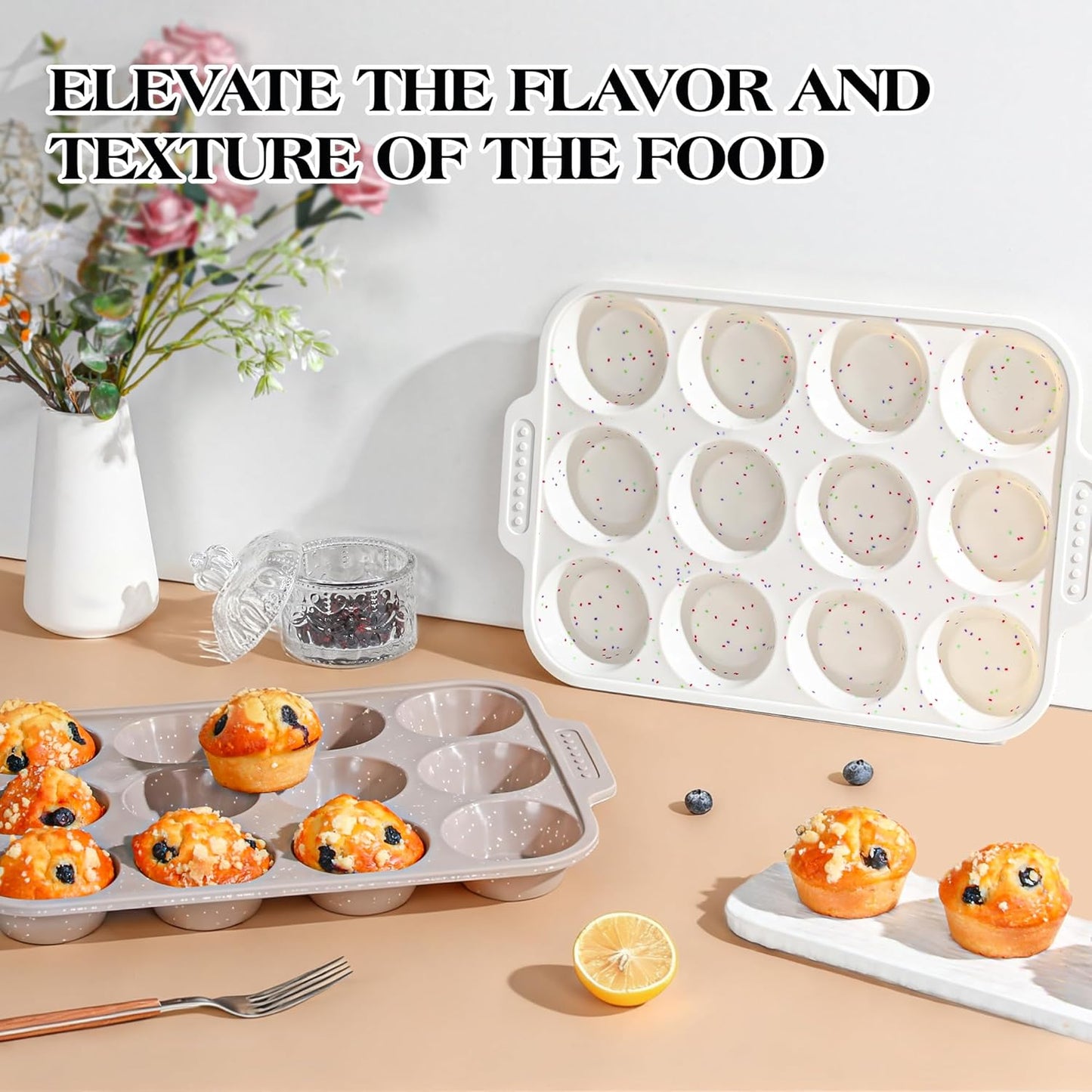 2 Pcs Silicone Muffin Pans for Baking with Metal Reinforced Frame, Nonstick Cupcake Tray for Oven, 12 Cups Regular Size Silicone Molds for Egg Bites, Dishwasher Safe (Brown, Cream)