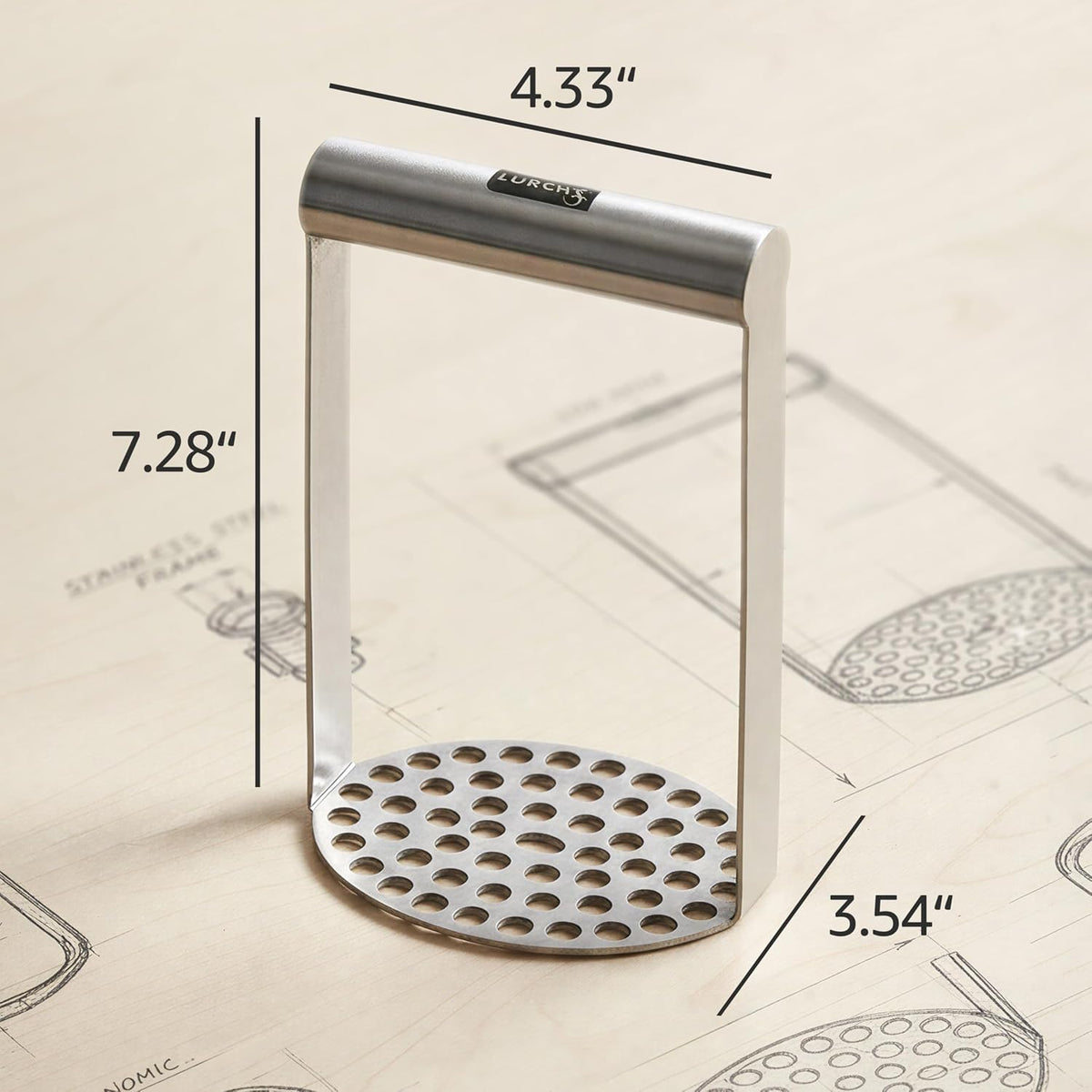 LURCH Germany Heavy Duty Potato Masher With Horizontal Handle | Avocado Masher | Versatile Food Masher For Vegetable | Made of Durable Stainless Steel | 7.5 Inches - Silver