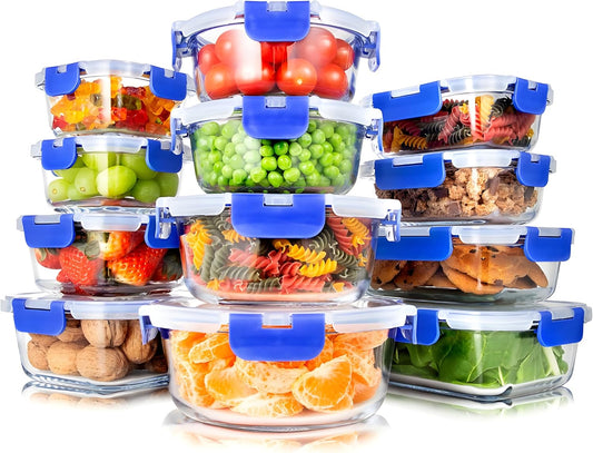 SereneLife 24 Piece Glass Storage Containers with Lids, 12 Pack Glass Meal Prep Container Set for Lunch, Kitchen Storage, Food Storage, Leak Proof, Freezer Safe and Dishwasher Safe, Blue
