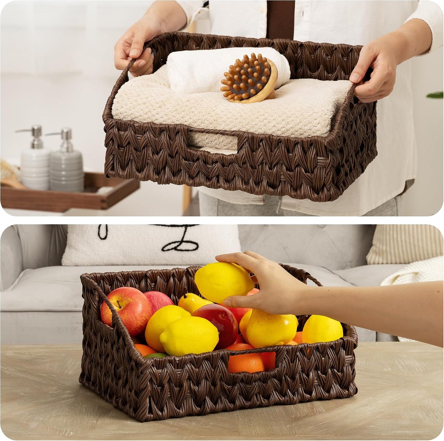 GRANNY SAYS Wicker Storage Baskets for Shelves, Trapezoid Woven Basket with Handles, Storage Wicker Baskets for Pantry, Water Hyacinth, 2-Pack