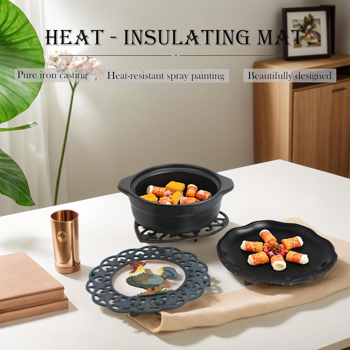 Cast Iron Trivet, 7.28 inch Metal Trivet for Hot Dishes, Heat-Resistant Decorative Trivets to Protect Dining Countertop or Kitchen Decoration with 2 Silicone Mini Pinch Mitts