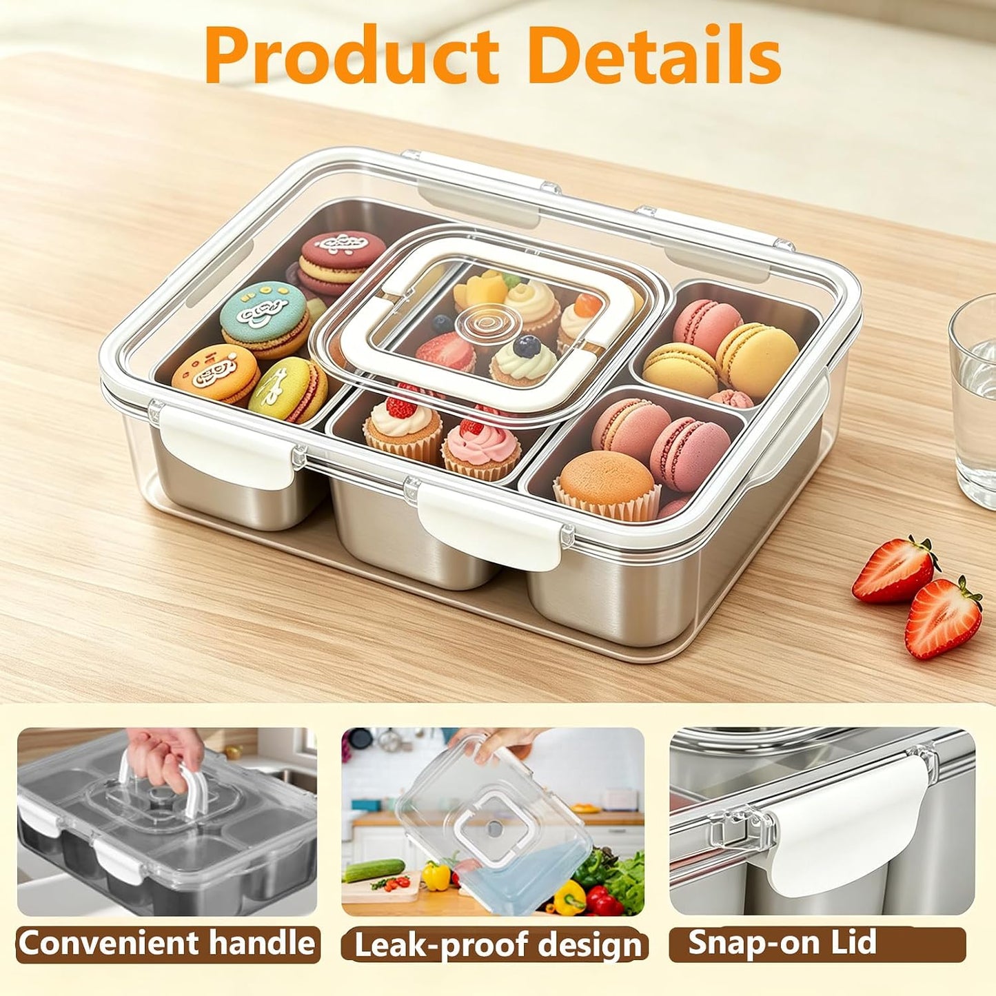 Snackle Box Container, Stainless Steel Divided Serving Tray with Lid and Handle, Large Snack Tray for Fruit Veggie Candy, 8-Compartment Snack Platter for Travel Party Beach Picnic