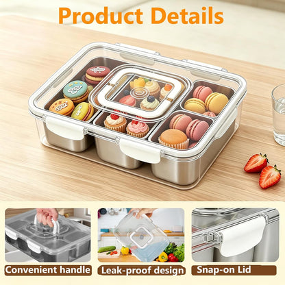 Snackle Box Container, Stainless Steel Divided Serving Tray with Lid and Handle, Large Snack Tray for Fruit Veggie Candy, 8-Compartment Snack Platter for Travel Party Beach Picnic