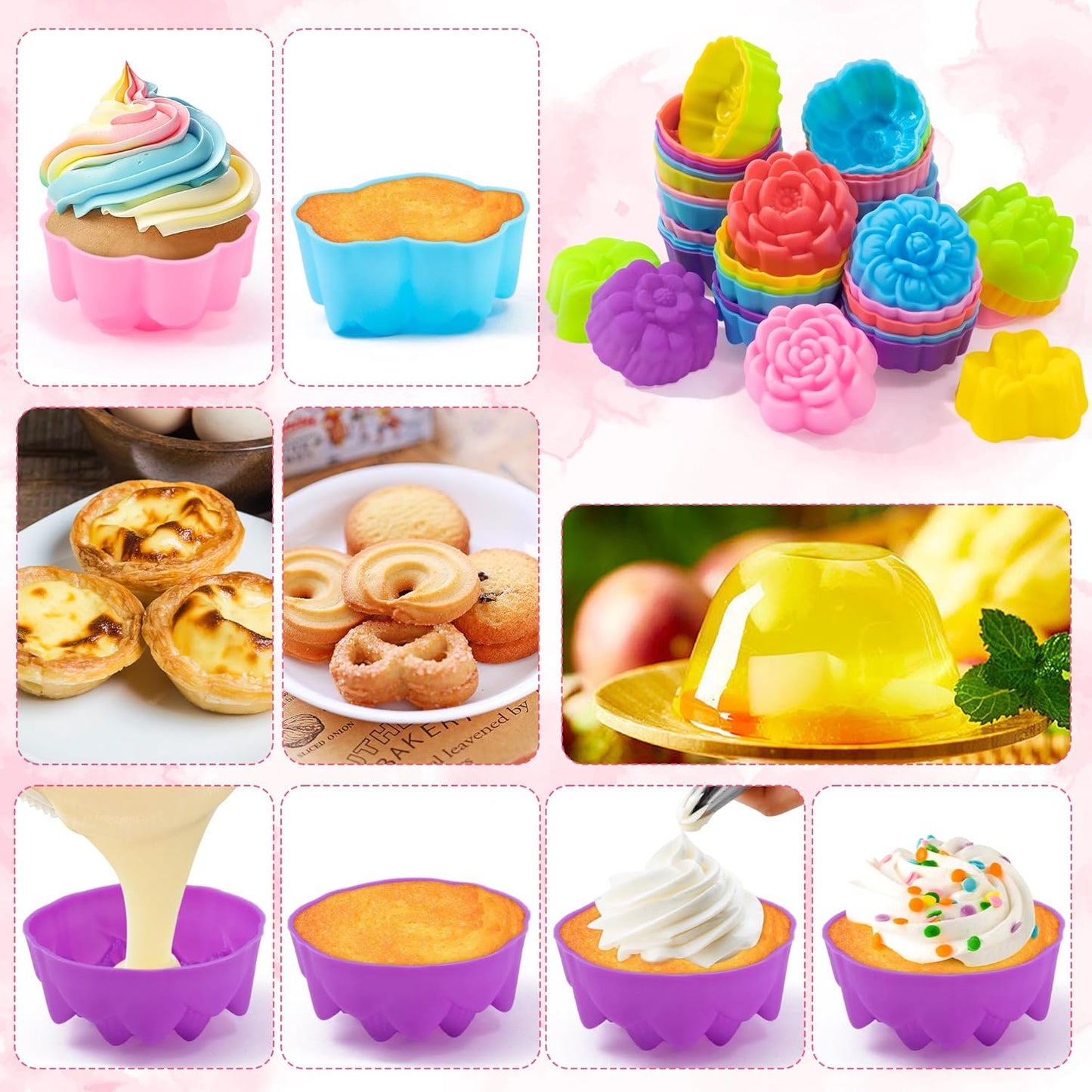 R HORSE 42Pcs Silicone Molds Cupcake 2 Inch Mini Size Reusable Muffins Liners Washable Non-Stick Donut Wrapper Mold Flower Shapes Baking Cups for Pan Oven Microwave Dishwasher
