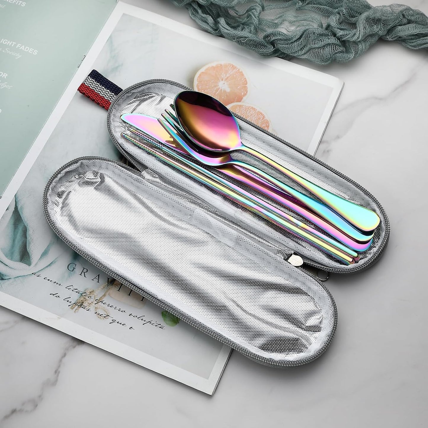 DEVICO Camping Utensils, Full-Size Reusable Silverware for Lunch Adult, Stainless Steel Travel Cutlery Set with Case, Portable Fork Spoon Knife Set for Work, Flatware with Chopsticks (Rainbow)