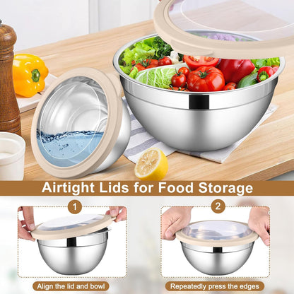 LIANYU Stainless Steel Mixing Bowls Sets of 6, Large 7, 3.5, 2.5, 2, 1.5, 1QT Size with Transparent Airtight Lids, Metal Nesting Serving Bowl Sets for Home Kitchen, Dishwasher & Freezer Safe, Black