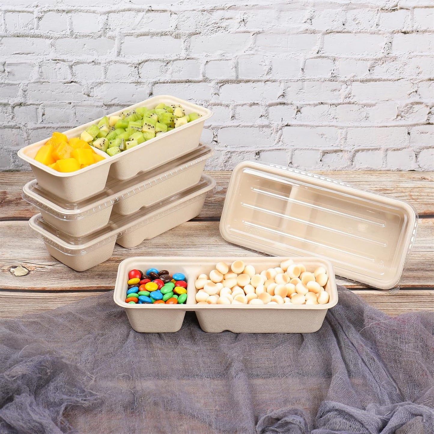16oz disposable 3 compartments Sugarcane Fibers bowls with lid take away food containers Meal Prep Bowls 25 Pack