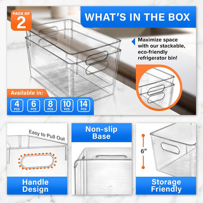 Lifemaster Stackable Refrigerator Bins - Set of 6 Large Capacity Organizers with Easy Grip Handles - Clear and Versatile for Kitchen Storage