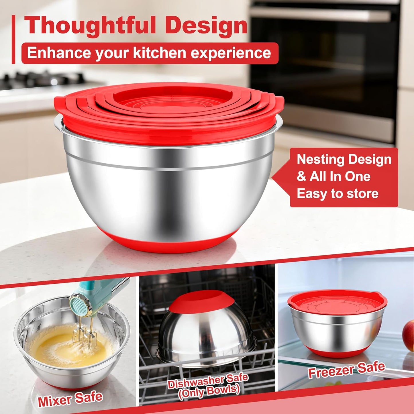 TeamFar Mixing Bowls, Stainless Steel Mixing Bowls with Lids, Nesting Salad Bowls with Air-tight Lids & Non-slip Bottom, Dishwasher Safe & Stackable, Set of 6-4.6/2.6/2 / 1.5/1 / 0.7 Qt