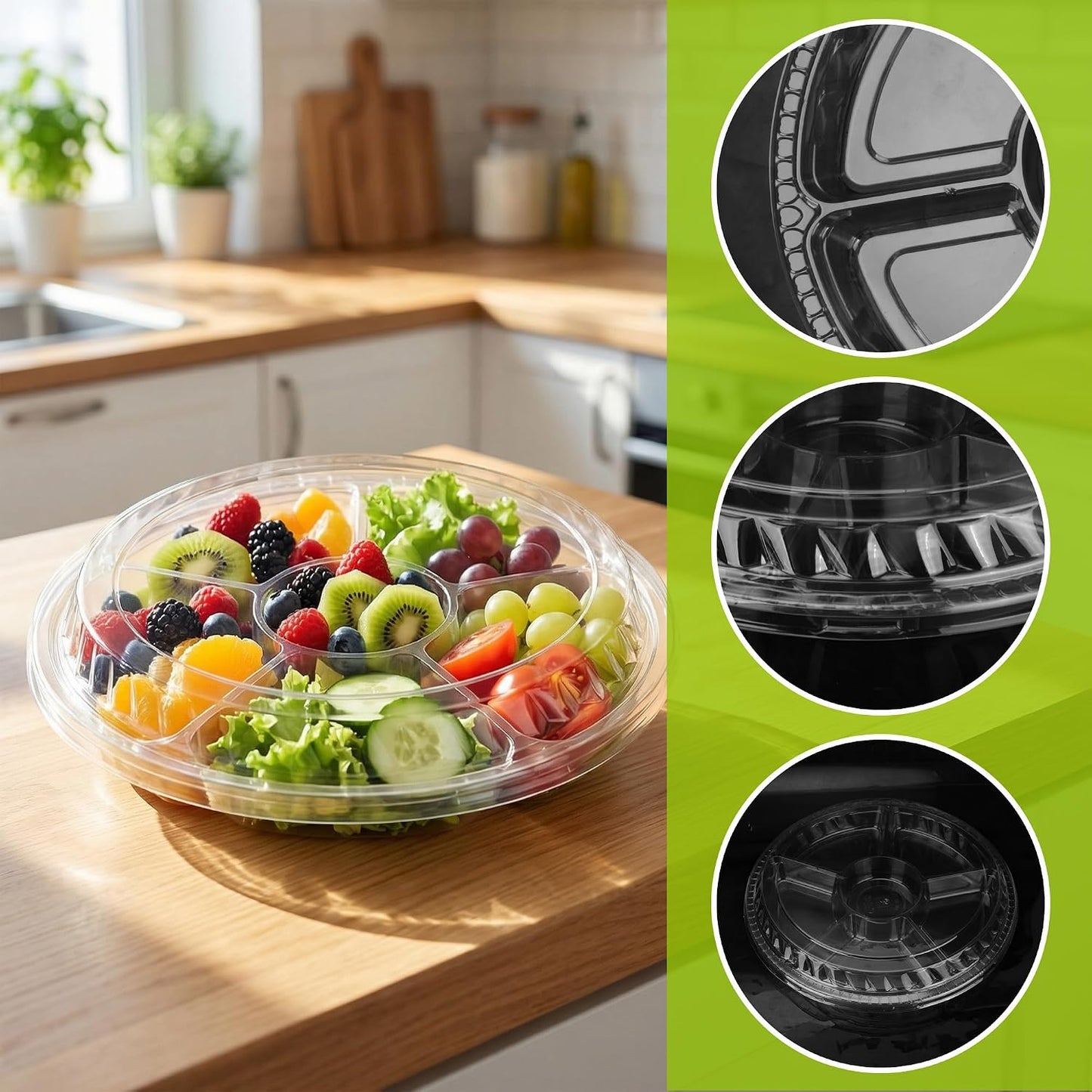 12 Pack 12 Inch Plastic Appetizer Trays with Lid 6 Compartment Clear Veggie Tray with Lid Divided Serving Tray with Lids Round Banquet Catering Fruit Vegetable Trays for Party