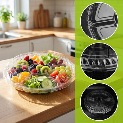12 Pack 12 Inch Plastic Appetizer Trays with Lid 6 Compartment Clear Veggie Tray with Lid Divided Serving Tray with Lids Round Banquet Catering Fruit Vegetable Trays for Party